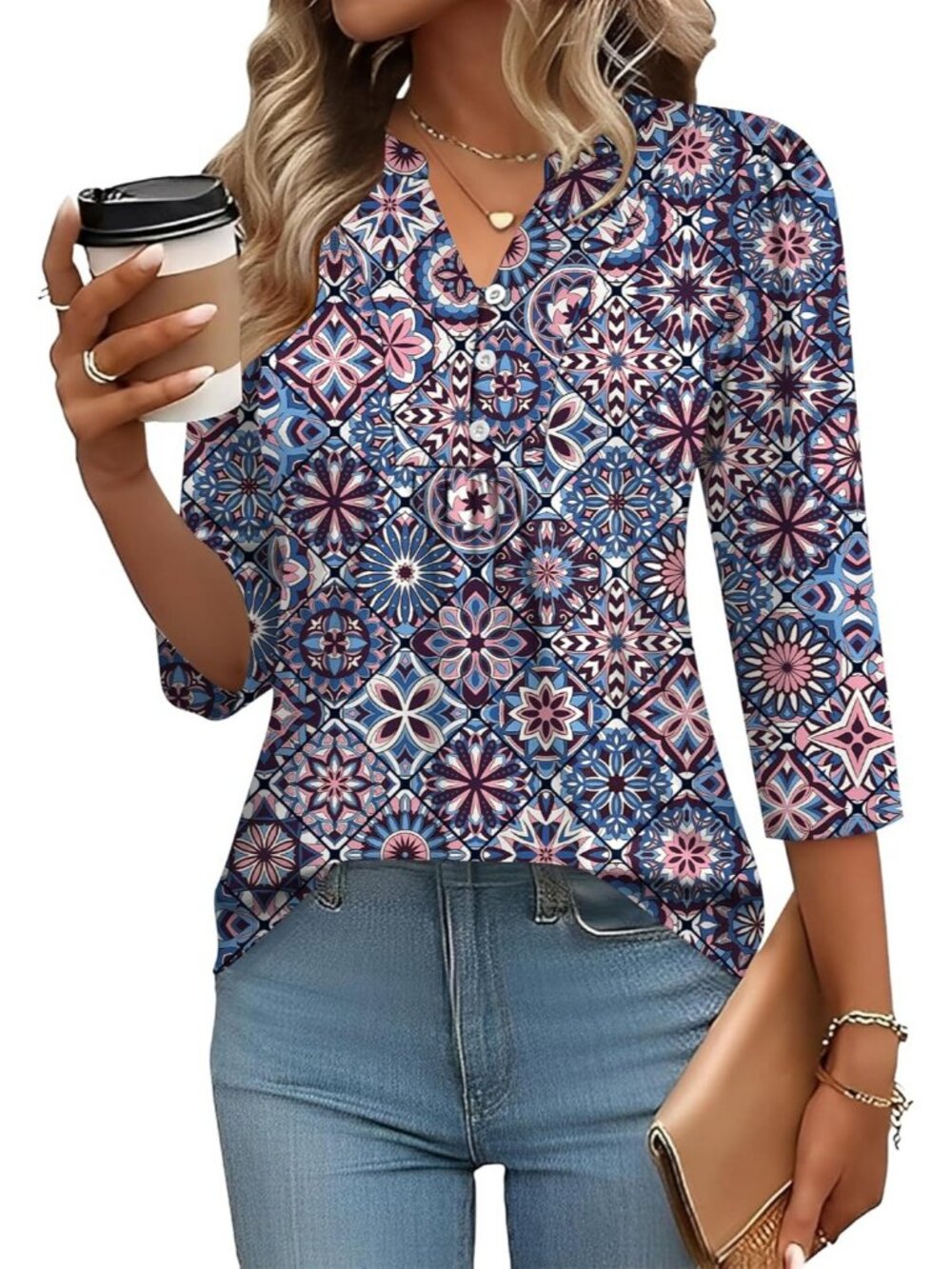 Women's Geometry Long Sleeve Casual Henley V-Neck Floral T-Shirts Loose Fit